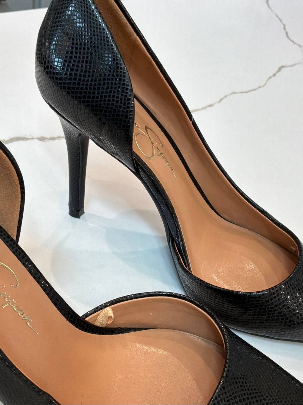 Jessica Simpson Size 7M Black Snakeskin-Texture Pointed Toe Pumps Heels - Picture 5 of 12